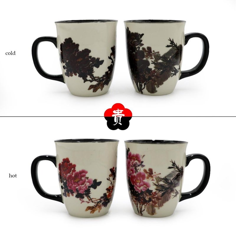 Asmwo Heat Changing Magic Porcelain Coffee Mug for Mom Gifts Funny Tea Mug 16 oz Black Change into Multi Color Peony Painting - Image 4